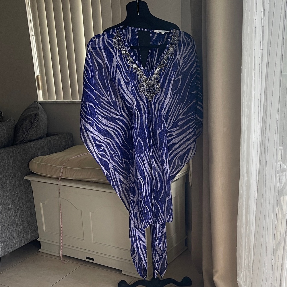 Blue Zebra Print Swim beads embellished Coverup tie at waist 10